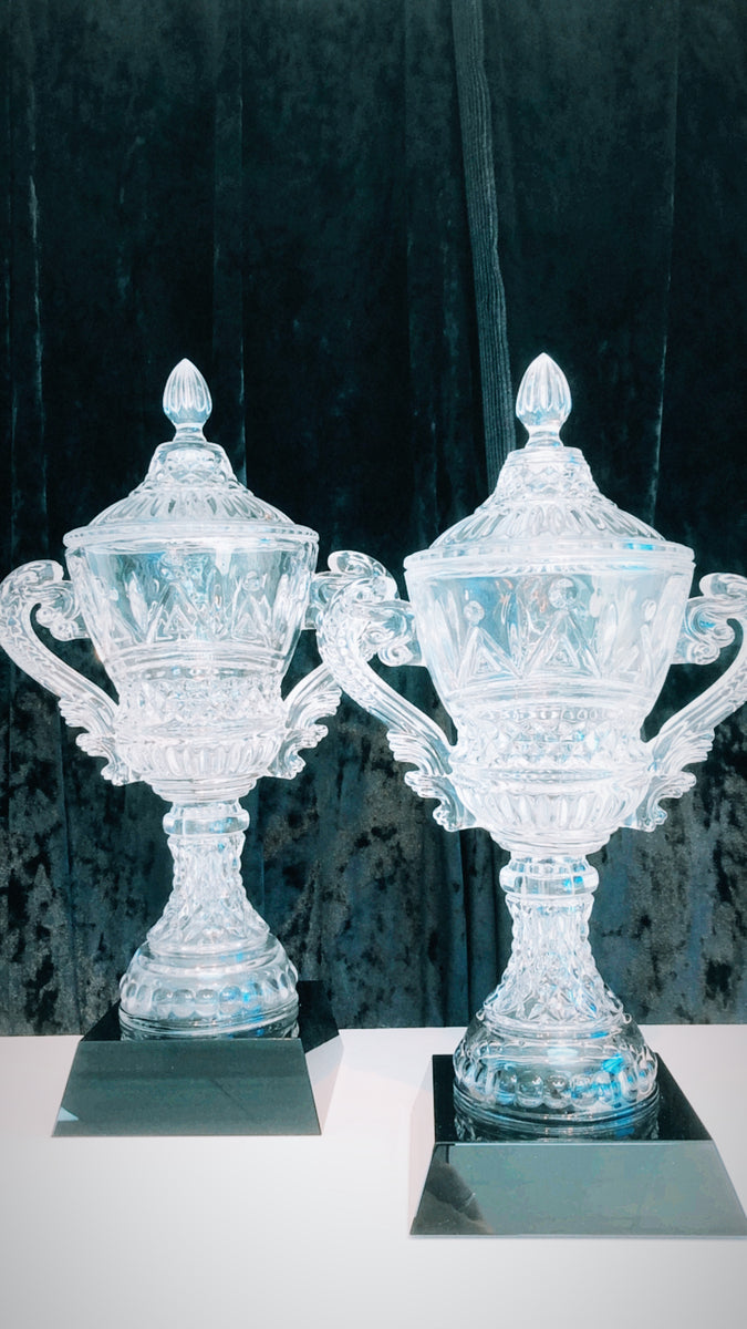 Intricate Crystal Trophy Cups on Black Crystal Base