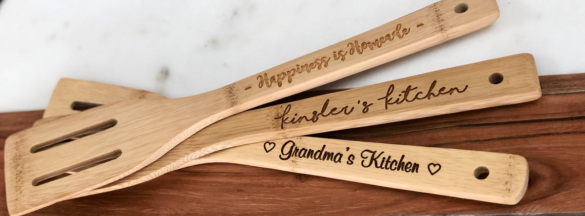 Personalize Enrgaved Spurtle Spatula Spoon Kitchen Cooking Utensil - Premium Wood w/ Customized Engraving - Natural Teak Wood Machine Washable - Non